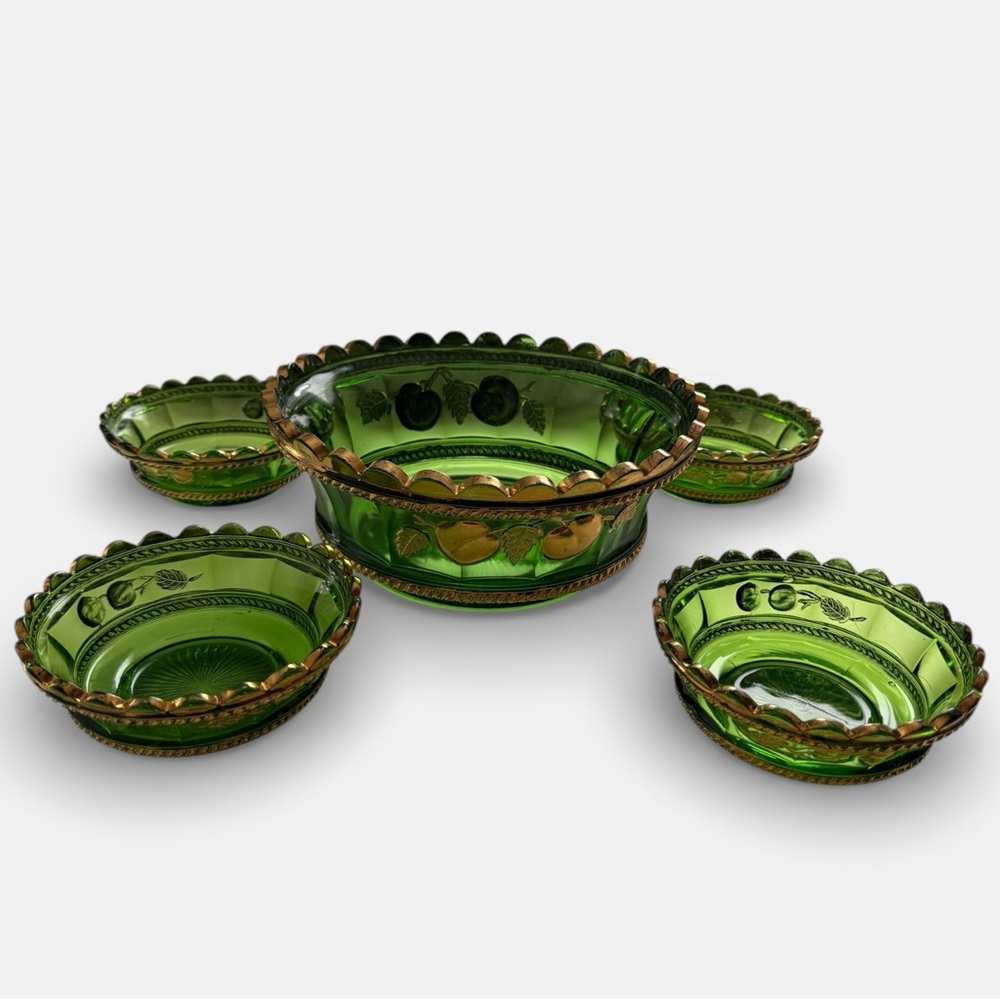 EAPG NORTHWOOD GLASS PEACH 5PCS(1 Large&4 Small) BOWL SET EMERALD GREEN and GOLD